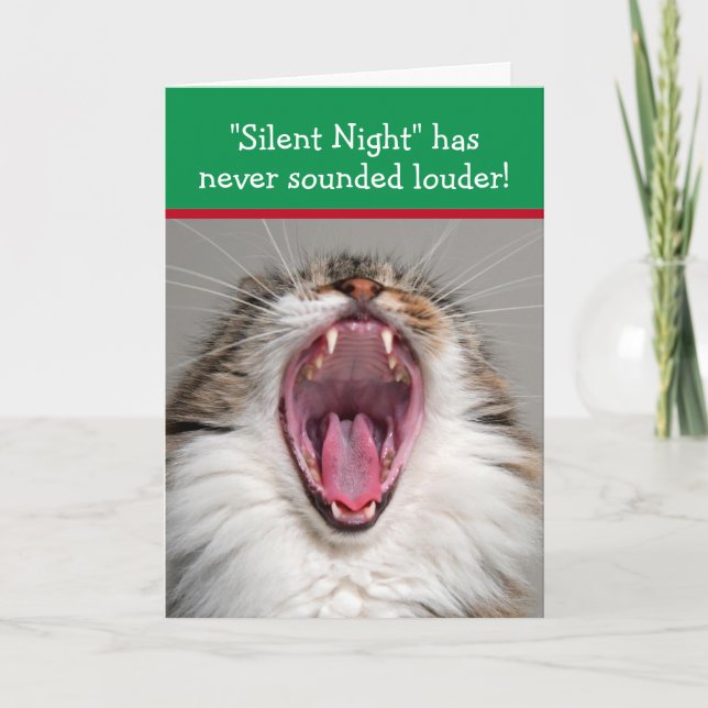 Tarjeta Gato cantando ruidosamente "Noche de Paz" Navidad (Anverso)