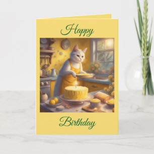 Tarjeta Gato Caprichoso Horneando Tarta de Cumpleaños