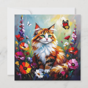 Tarjeta Gato caprichoso lindo, flores y mariposas