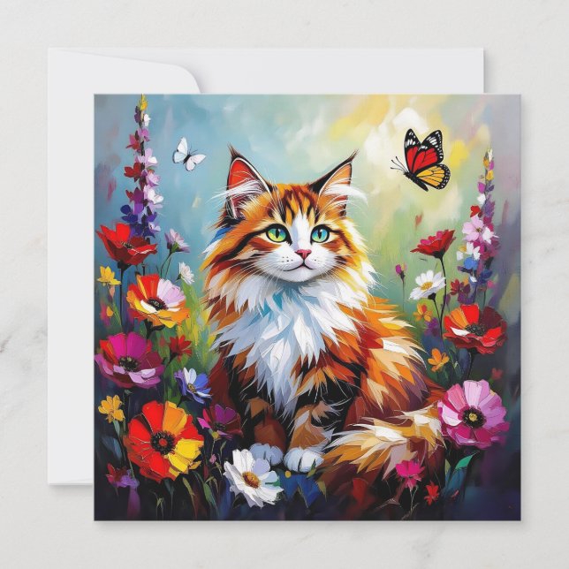 Tarjeta Gato caprichoso lindo, flores y mariposas (Anverso)