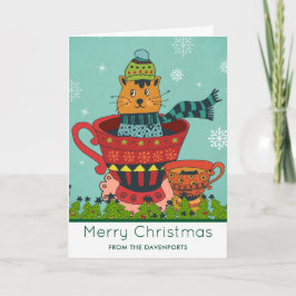 Tarjeta Gato Caprichoso Sentado en una Taza de Té Navidad