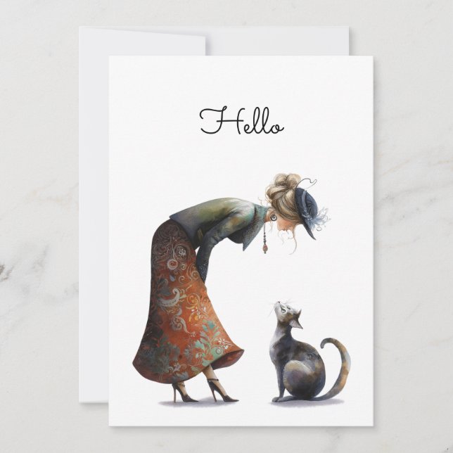 Tarjeta Gato caprichoso y Lady Hello Flat (Anverso)