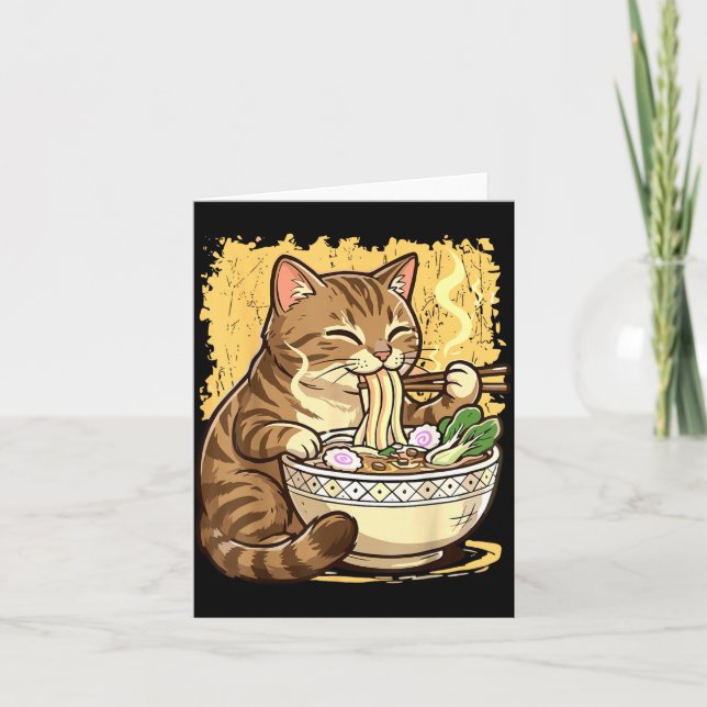 Tarjeta Gato comiendo fideos ramen japoneses (Anverso)