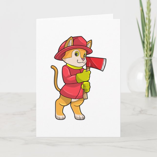 Tarjeta Gato como bombero con hacha (Anverso)