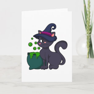 Tarjeta Gato como Bruja con Caldero