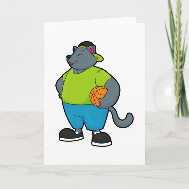 Tarjeta Gato como jugador de baloncesto con pelota de balo (Anverso)