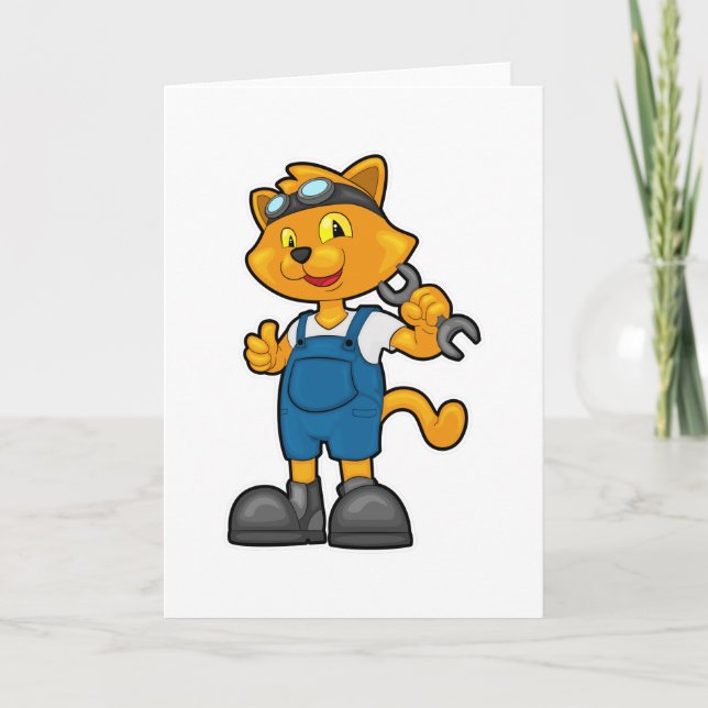 Tarjeta Gato como mecánico con llave inglesa (Anverso)