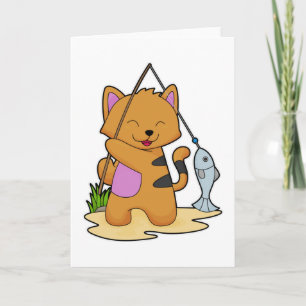 Tarjeta Gato como pescador con barra de pesca y pescado