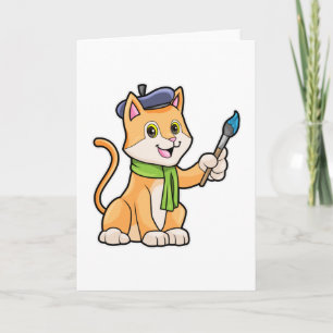 Tarjeta Gato como pintador con pincel y bufanda