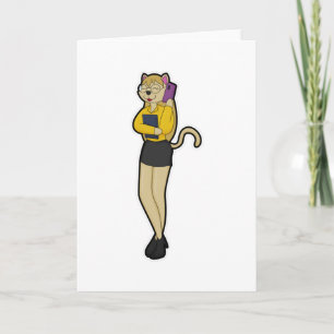 Tarjeta Gato como secretario con portátil y teléfono móvil