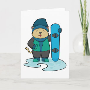 Tarjeta Gato como snowboarder con snowboard
