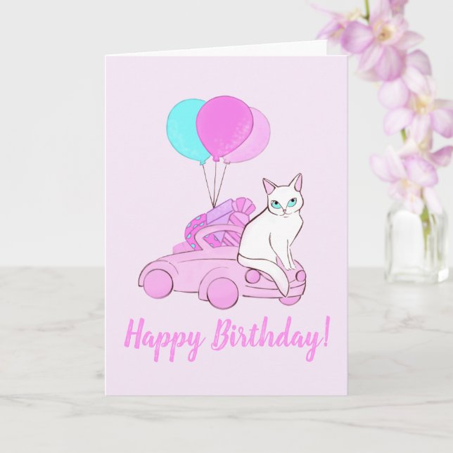 Tarjeta Gato con auto rosa y globos (Orquídea)