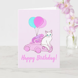 Tarjeta Gato con auto rosa y globos