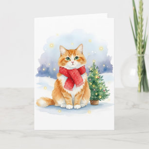 Tarjeta Gato con Bufanda Roja y Árbol de Navidad Acuarela