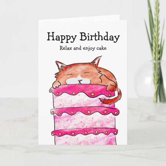 Tarjeta Gato con carta de cumpleaños de pastel (Anverso)