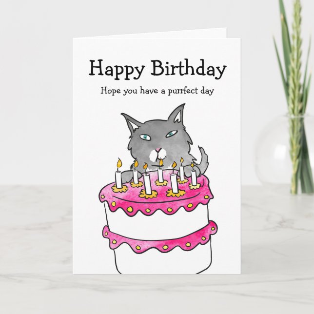 Tarjeta Gato con carta de cumpleaños de pastel (Anverso)