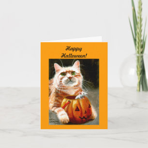 Tarjeta ¡Gato con el ratón en feliz Halloween de la