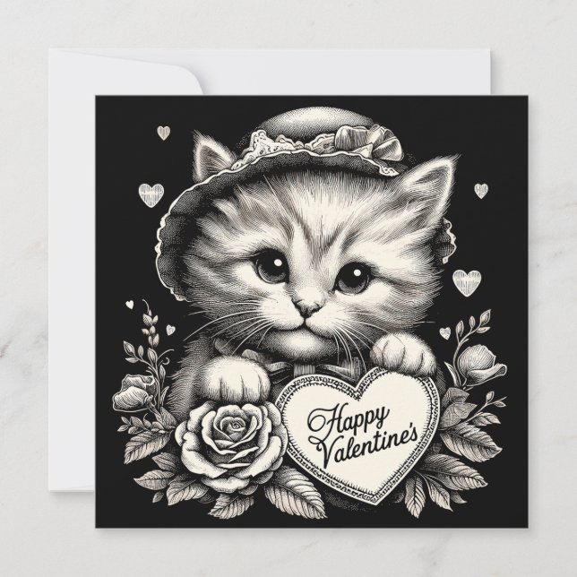 Tarjeta Gato con flores e ilustración de San Valentín con  (Anverso)