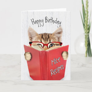 Tarjeta Gato con gafas y cumpleaños del libro rojo