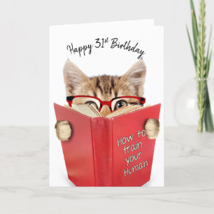 Tarjeta Gato con Gafas y Libro Rojo Cumpleaños 31