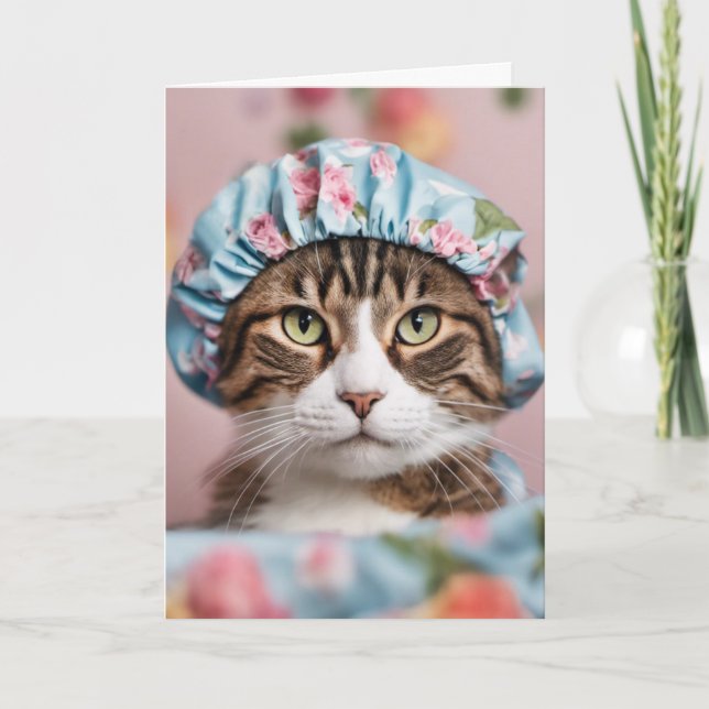 Tarjeta Gato con gorro de ducha Cumpleaños (Anverso)