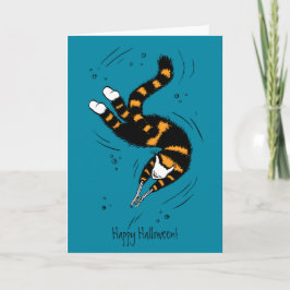 Tarjeta Gato Con Manos De Esqueleto Nadando Feliz Hallowee