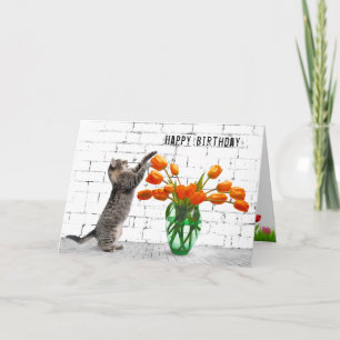 Tarjeta Gato con Naranja Tulips Cumpleaños