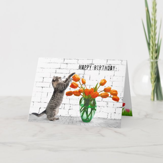 Tarjeta Gato con Naranja Tulips Cumpleaños (Anverso)