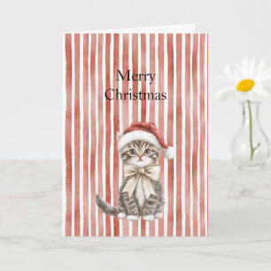 Tarjeta Gato con sombrero Rayas rojas Navidad
