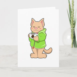 Tarjeta Gato con taza de café y pijama