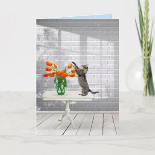 Tarjeta Gato con tulipanes Naranjas