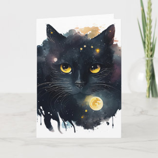 Tarjeta Gato Cósmico Acuarela Negro con Ojos Amarillos