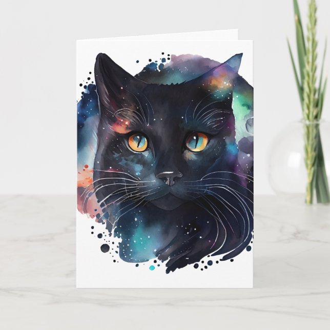 Tarjeta Gato cósmico de color de agua negro (Anverso)