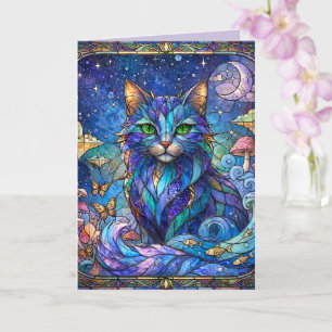 Tarjeta Gato Cósmico Vidrio Emplomado Surrealista Ojos Ver