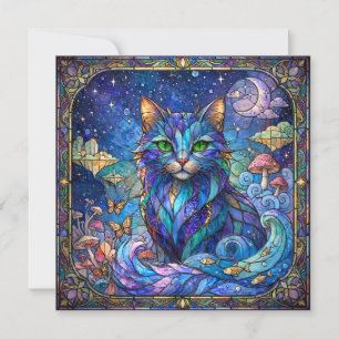 Tarjeta Gato Cósmico Vidrio Emplomado Surrealista Ojos Ver