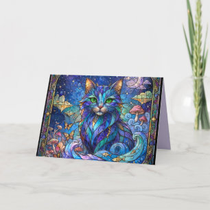 Tarjeta Gato Cósmico Vidrio Emplomado Surrealista Ojos Ver
