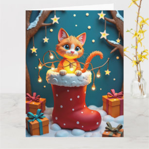 Tarjeta Gato Curioso en Papel de Calcetín de Navidad Arte