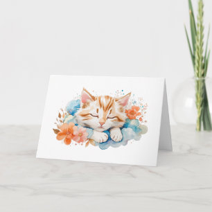 Tarjeta Gato Cute Tabby Durmiendo Entre Flores En Blanco