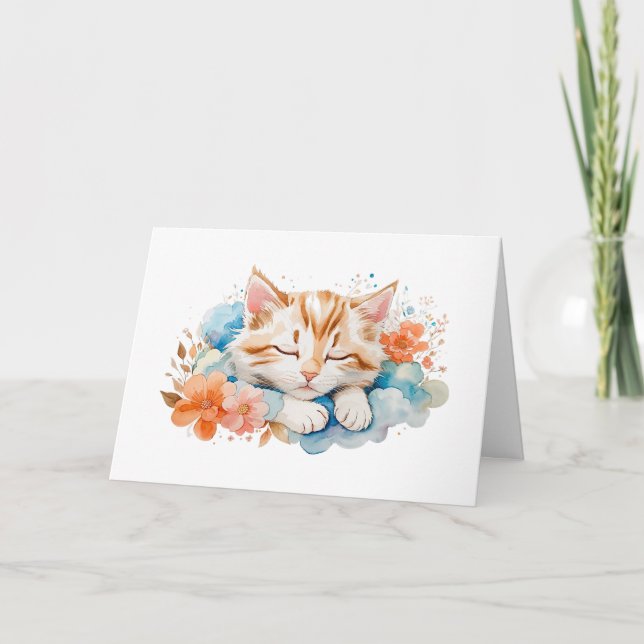 Tarjeta Gato Cute Tabby Durmiendo Entre Flores En Blanco (Anverso)