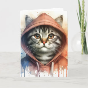 Tarjeta Gato de acuarela con sudadera colorida Arte de sal
