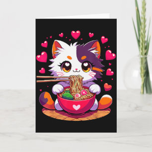 Tarjeta Gato de anime comiendo fideos ramen con corazones 