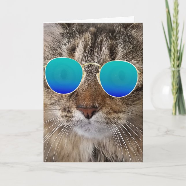 Tarjeta Gato De Aniversario De Maine Coon En Gafas De Sol (Anverso)