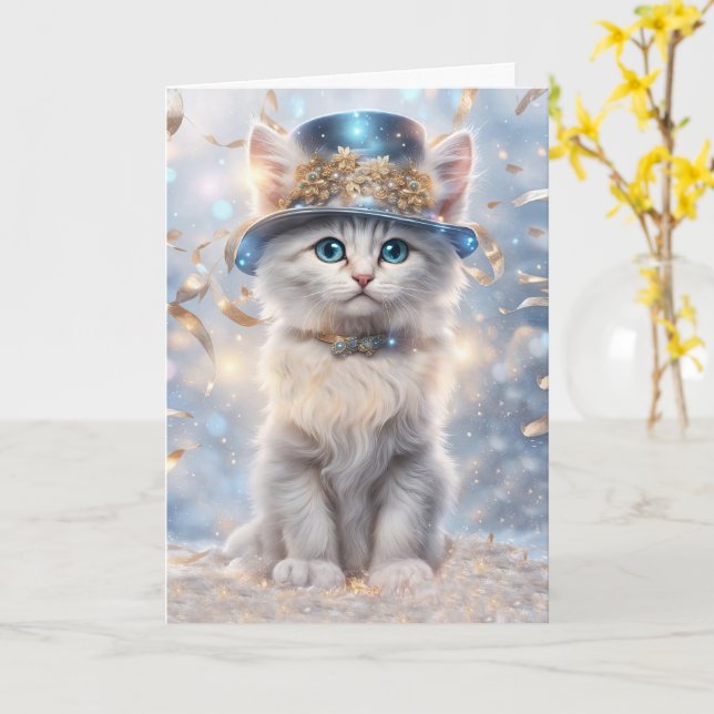 Tarjeta Gato de Año Nuevo feliz en Gorra Fiesta y optimist (flor amarilla)