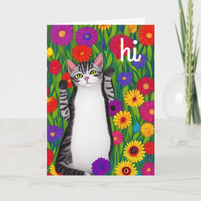 Tarjeta Gato de arte popular lindo diciendo hola entre las (Anverso)