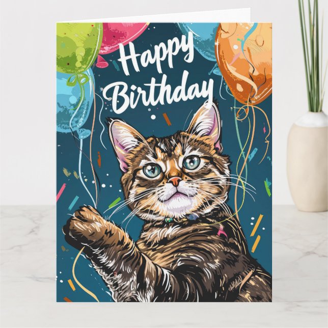 Tarjeta Gato de Bengala con globos (Anverso)