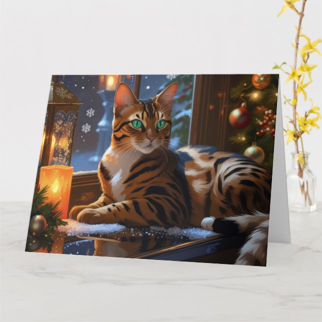 Tarjeta Gato de Bengala con vacaciones de luces Navidades (flor amarilla)
