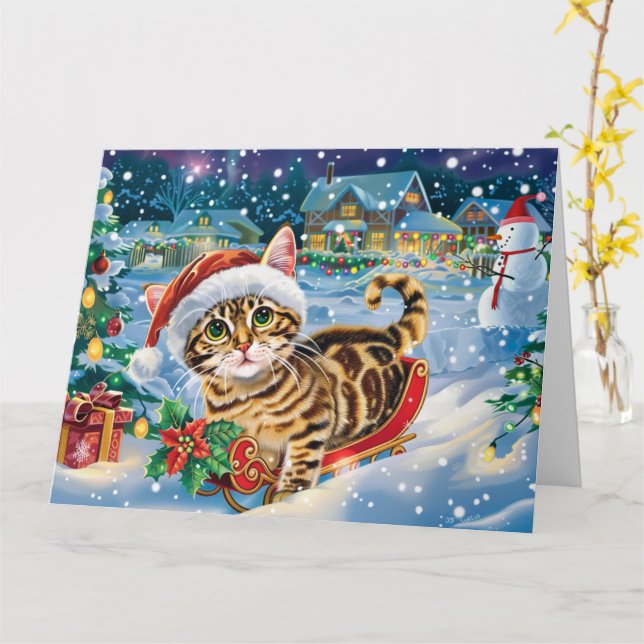 Tarjeta Gato de Bengala en Navidades de Nieve de Sleigh (flor amarilla)