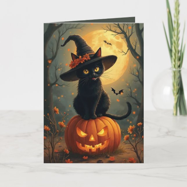 Tarjeta Gato De Bruja De Halloween En Una Calabaza (Anverso)