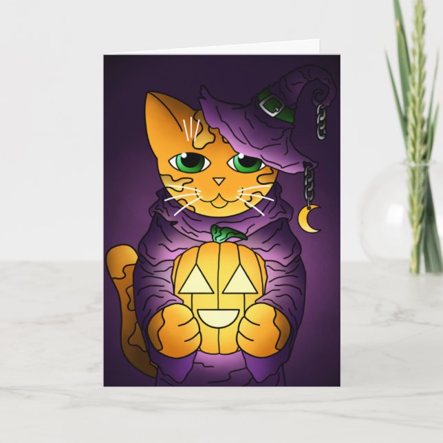 Tarjeta Gato de bruja morado de Halloween (Anverso)