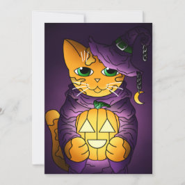 Tarjeta Gato de bruja morado de Halloween